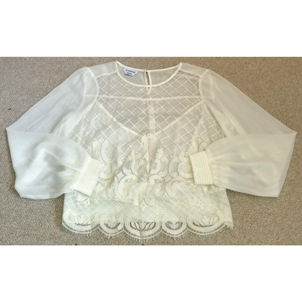Womens Top-BEBE-ivory lace silky sheer Romantic Feminine Cottagecore Victorian-L